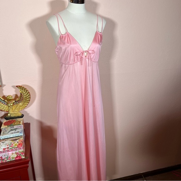 Vintage 60 70 Mod Minimalist Pink Satin Feminine Long Slip Dress - Picture 11 of 16